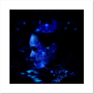 Portrait, digital collage and special processing. Woman in higher state of energy level. Blue and white. Posters and Art